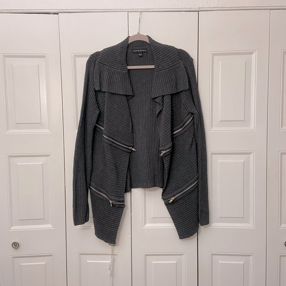 Rock & Republic Open Front Cardigan Sweater with zipper details, Gray, Size L
